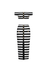 Black Martha Off-the-Shoulder Hollow Out Slit Bandage Midi Two-Piece Set