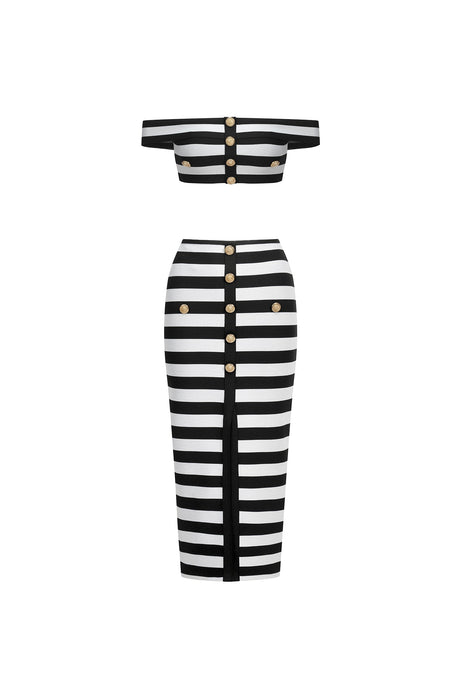 Black Martha Off-the-Shoulder Hollow Out Slit Bandage Midi Two-Piece Set
