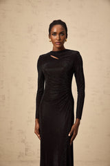 Black maxi dress with ruched mesh fabric and rhinestone embellishments