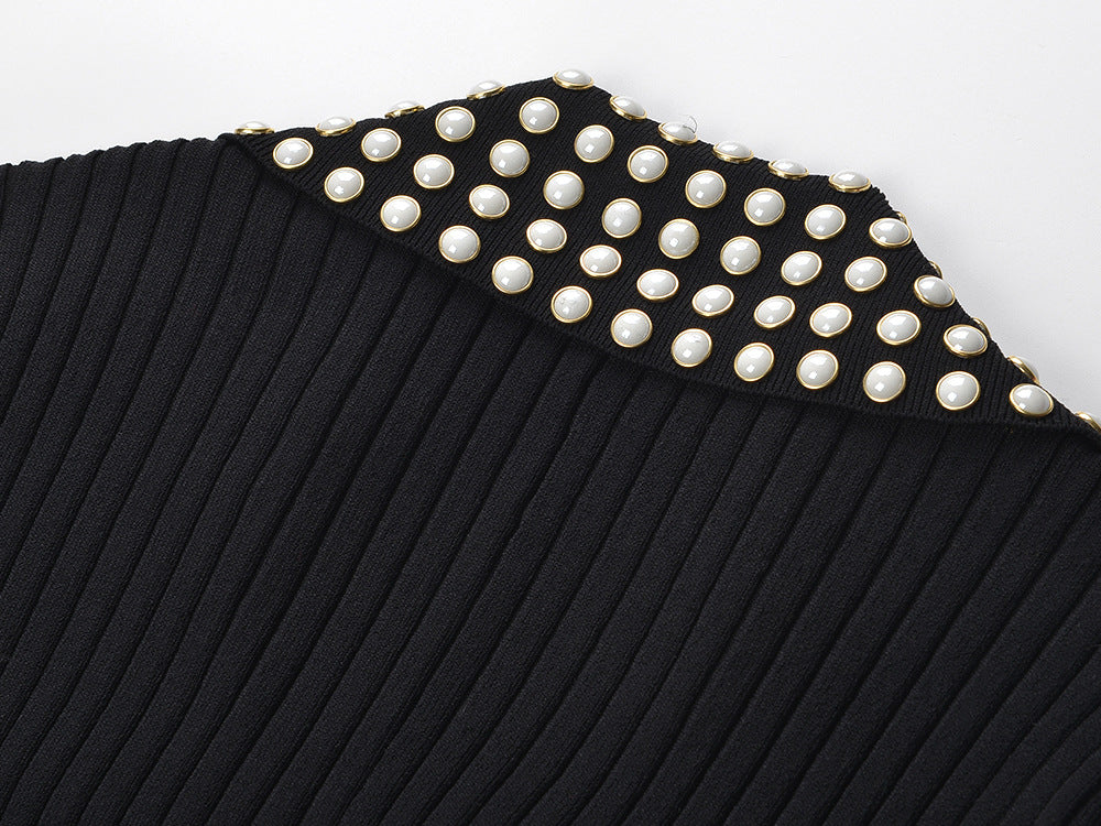 Black Maxi Length Ribbed Texture Dress with Studded Collar