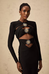 Black midi dress with cut out sun design and ruched detailing named Astrid