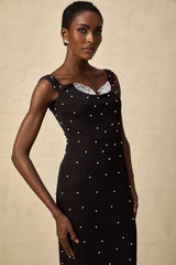 Black midi dress with faux pearl embellishments called Apolline