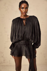 Black mini dress with full pleats and ruffles named Eugenie