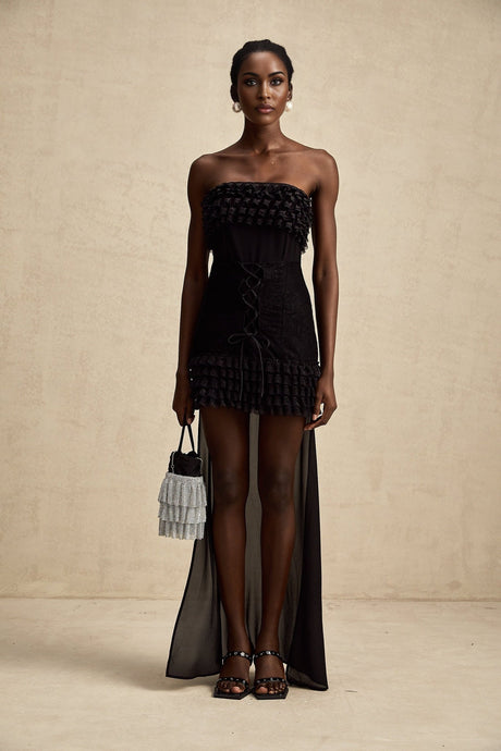 Black mini dress with ruffles and train by Michele