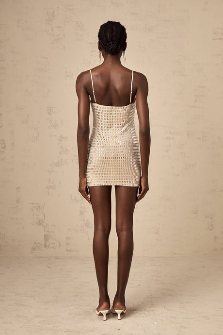 Black mini dress with shiny stud embellishments and short sleeves