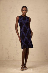 Black mini dress with snake pattern and godet skirt design named Anais