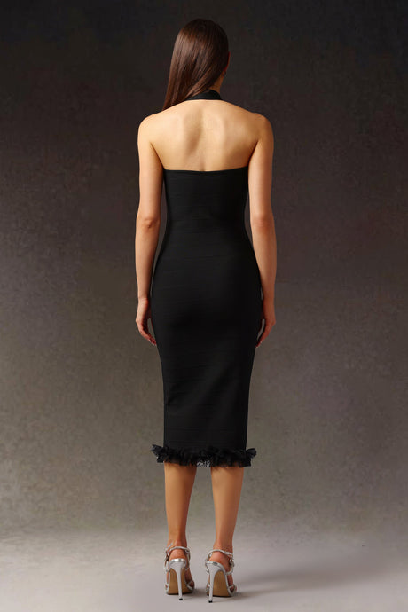 Black Nahla Halter Sleeveless Lace Bandage Midi Dress