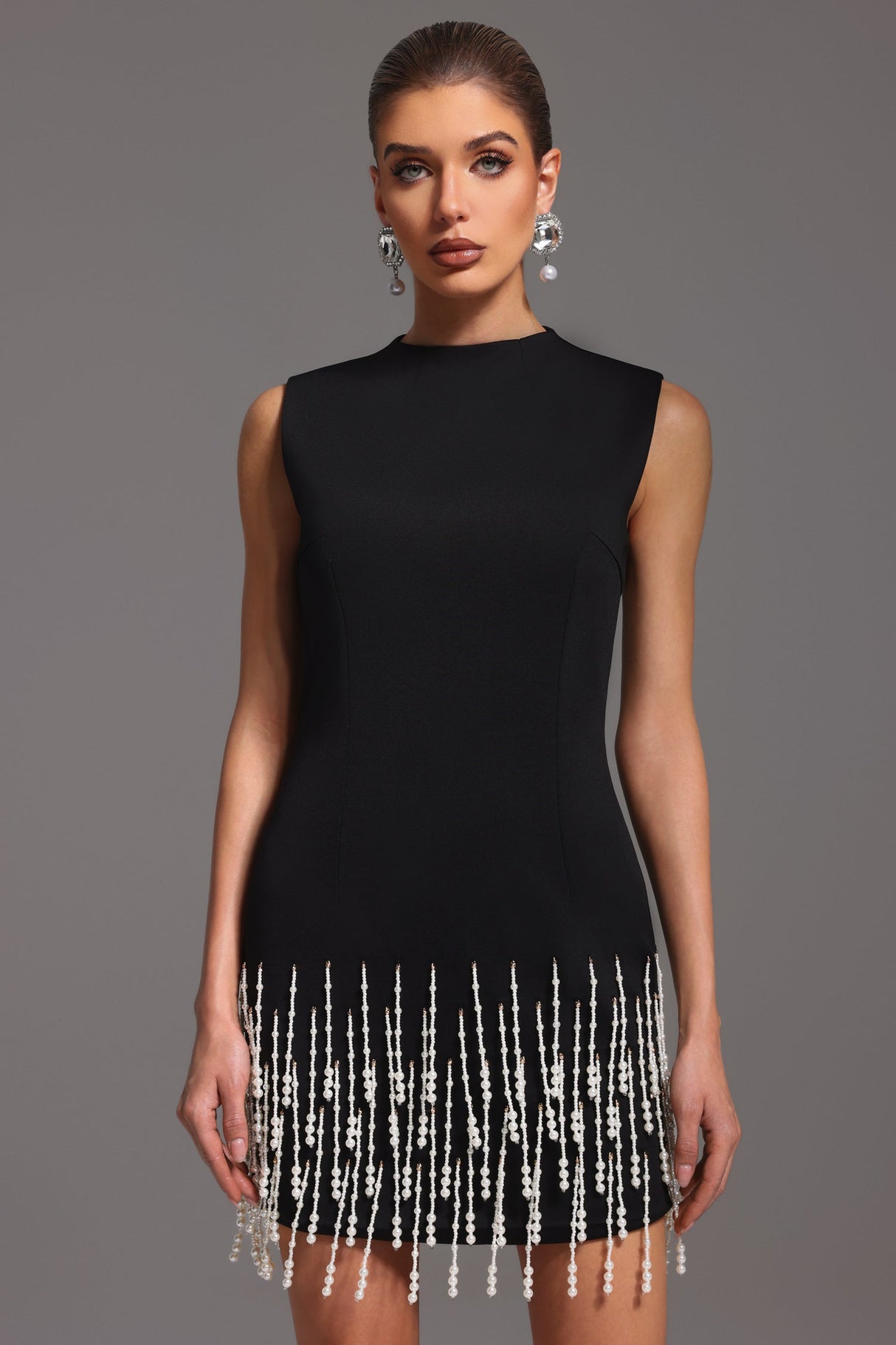 Black Nanci Sleeveless Pearl Mini Dress
