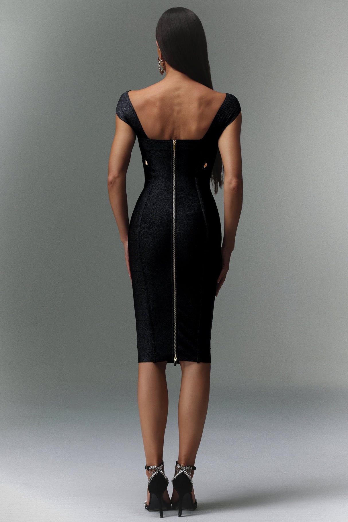 Black off-shoulder bandage silhouette V-neckline dress