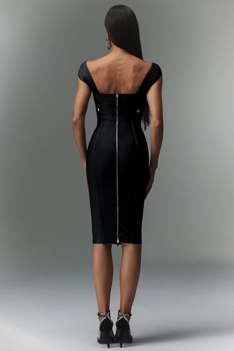 Black off-shoulder bandage silhouette V-neckline dress