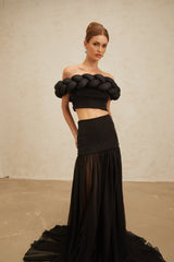 Black off the shoulder cropped top with braid detailing and rhinestone embellishment