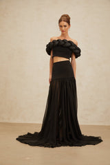 Black off the shoulder cropped top with braid detailing and rhinestone embellishment