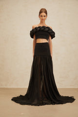 Black off the shoulder cropped top with braid detailing and rhinestone embellishment