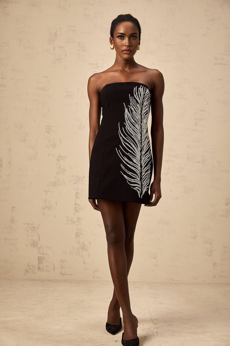 Black off shoulder mini dress with feather embellishments