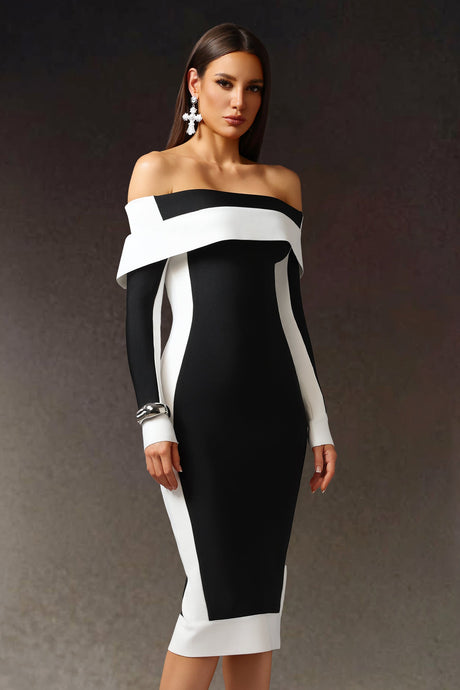 Black Off-The-Shoulder Long Sleeves Stripes Bandage Midi Dress