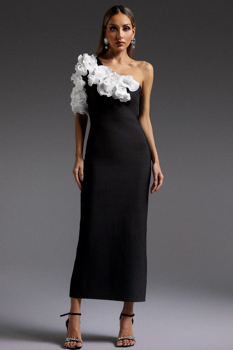 Black One Shoulder Flowers Bandage Midi Dress for Special Occasions and Date Nights