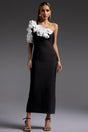 Black One Shoulder Flowers Bandage Midi Dress for Special Occasions and Date Nights