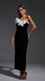 Black One Shoulder Flowers Bandage Midi Dress