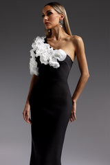 Black One Shoulder Flowers Bandage Midi Dress for special occasions, date nights, or upscale gatherings