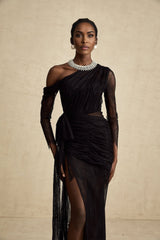 Black one shoulder maxi dress with side cutout detail