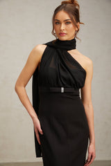 Black one shoulder midi dress with draped design featuring Nicole style