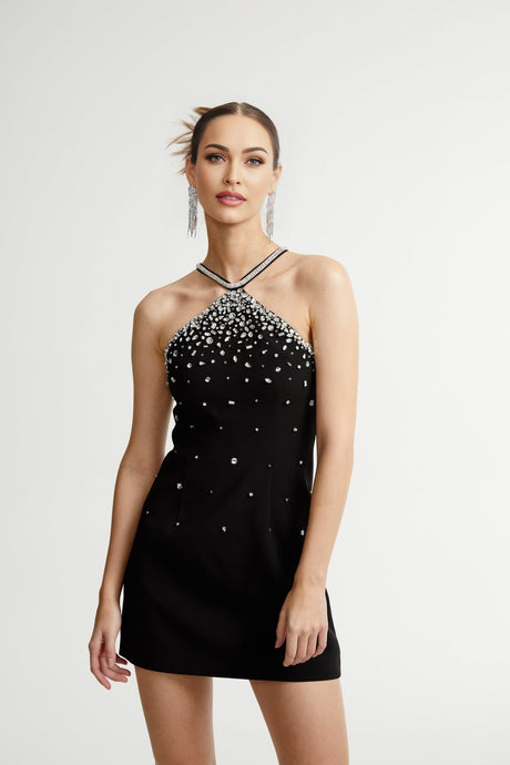 Black ornate mini dress with Xanthea design