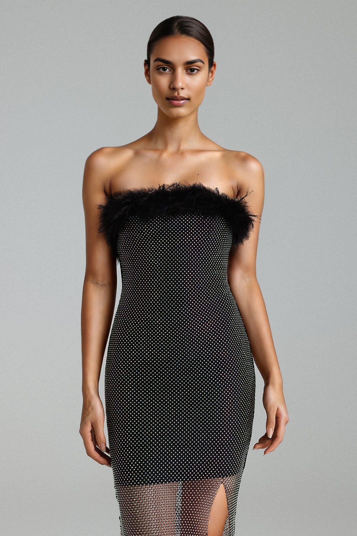 Black Perly Diamante Feather Mesh Midi Dress showcasing elegance and allure with feather detailing and diamantes on mesh fabric