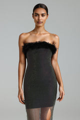 Black Perly Diamante Feather Mesh Midi Dress showcasing elegance and allure with feather detailing and diamantes on mesh fabric