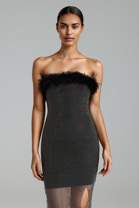Black Perly Diamante Feather Mesh Midi Dress showcasing elegance and allure with feather detailing and diamantes on mesh fabric