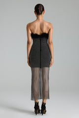 Black Perly Diamante Feather Mesh Midi Dress showcasing elegance and allure with feather detailing and shimmering diamantes