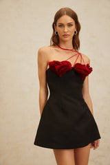 Black and Red Halterneck Sleeveless Dress with 3D-heart motif and Flared Skirt