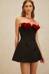 Black and Red Halterneck Sleeveless Dress with 3D-heart motif