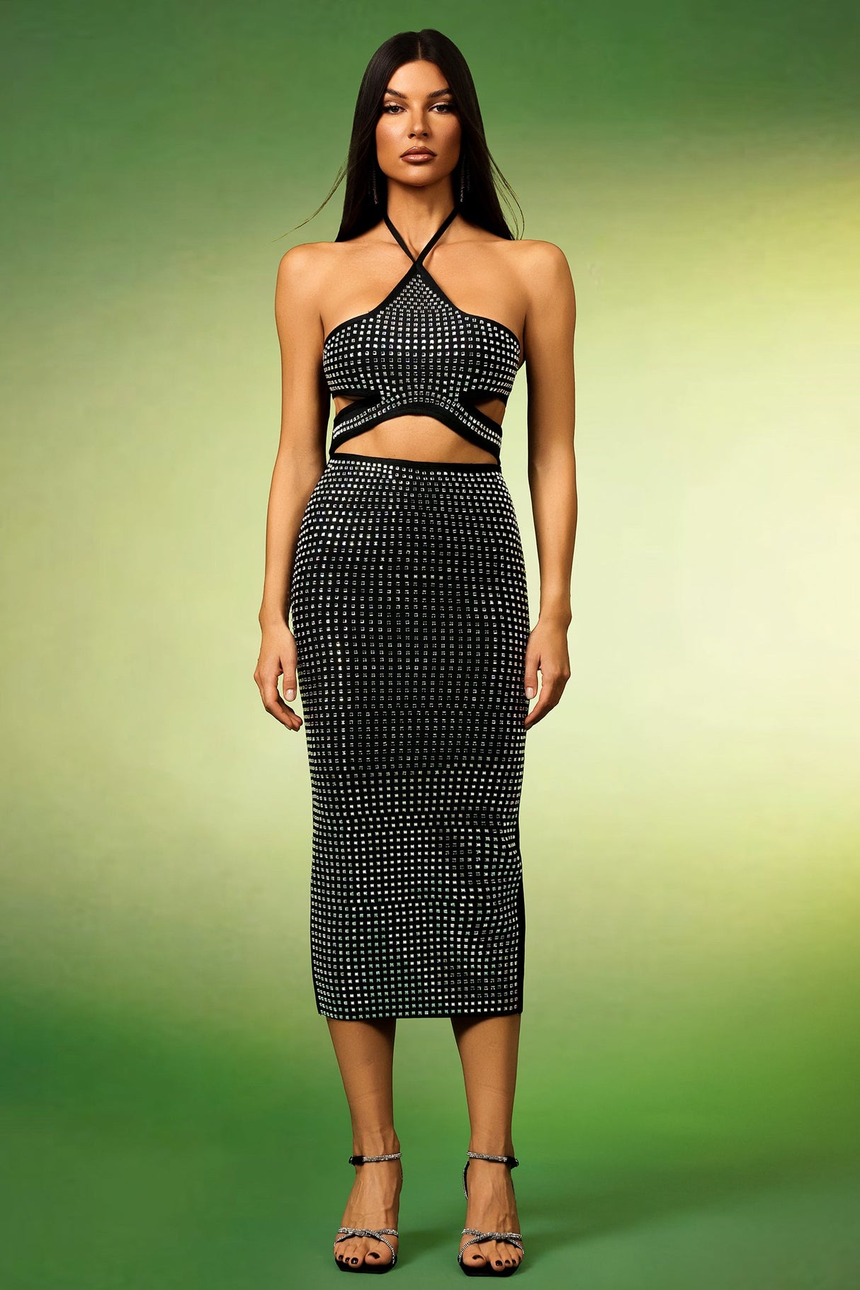 Black Reyna Halter Diamond Hollow Out Bandage Midi Dress