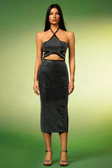 Black Reyna Halter Diamond Hollow Out Bandage Midi Dress
