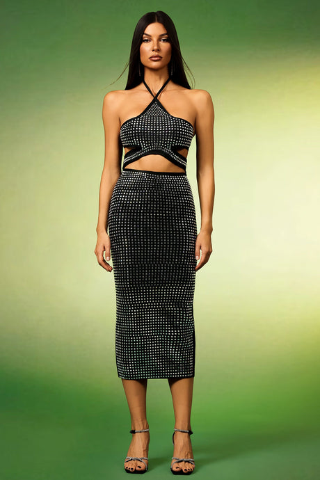 Black Reyna Halter Diamond Hollow Out Bandage Midi Dress