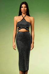 Black Reyna Halter Diamond Hollow Out Bandage Midi Dress