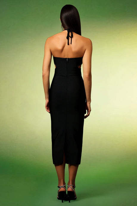 Black Reyna Halter Diamond Hollow Out Bandage Midi Dress