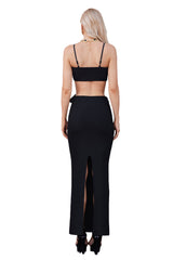 Black Ribbed Ibbie Cut Out Dress with Floral Detailing