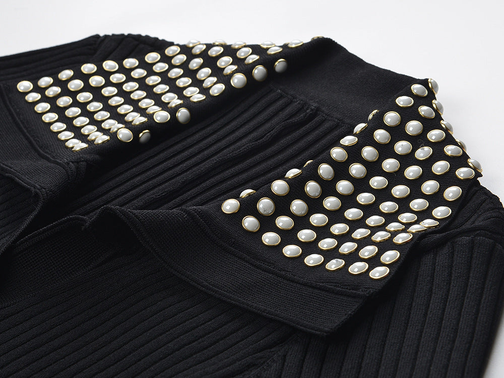 Black Ribbed Maxi Dress with Studded Collar
