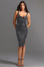 Black Diamond Midi Dress with V-Neck and Halter Design