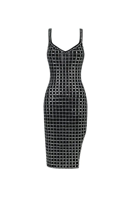 Black Sabriya V-Neck Sleeveless Halter Diamond Midi Dress