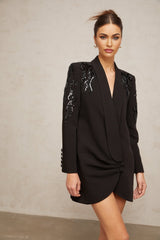 Black sequined blazer dress with embellishments called Elena