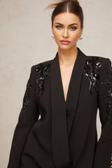 Black sequined blazer dress with embellishments called Elena