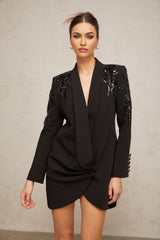Black sequined blazer dress with embellishments called Elena