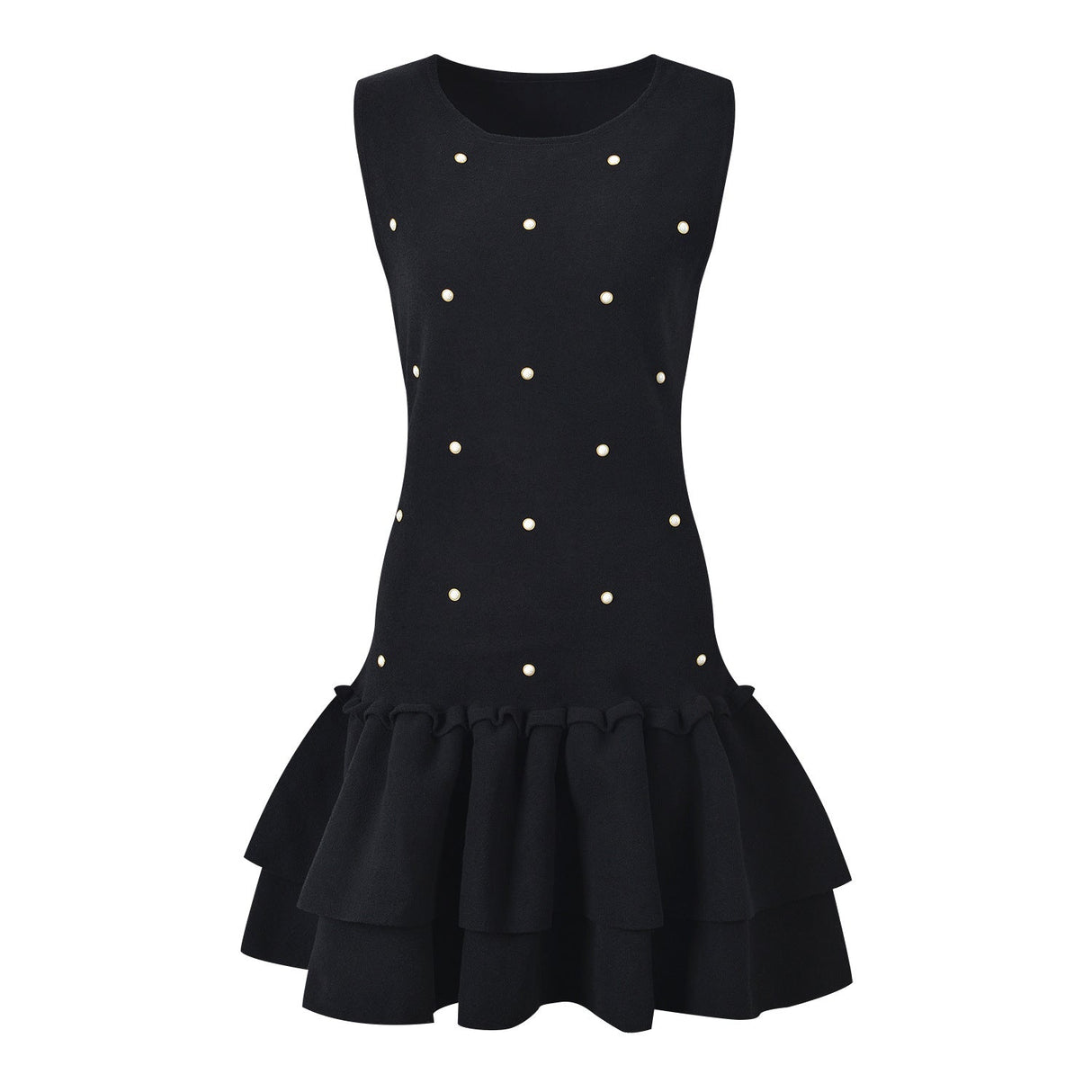 Black sleeveless dress with pearl embellishments and ruffle hem