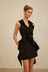 Black sleeveless halterneck mini dress with ruffled detailing and asymmetrical design
