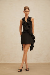 Black sleeveless halterneck ruffled mini dress