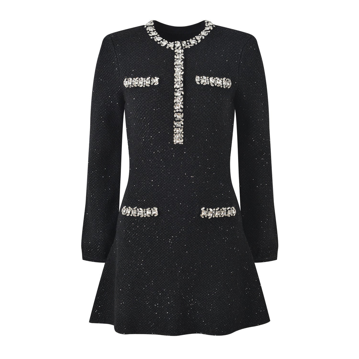 Black Sparkle A-line Structured Silhouette Dress with Crystal Details