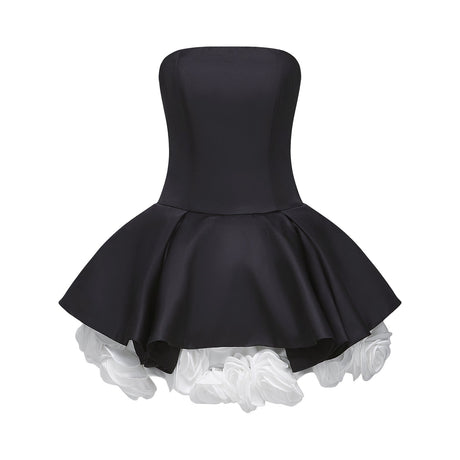 Black strapless corset mini dress with floral petal details named Lucie