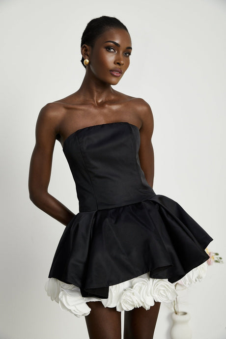 Black strapless corset mini dress with petal details named Lucie